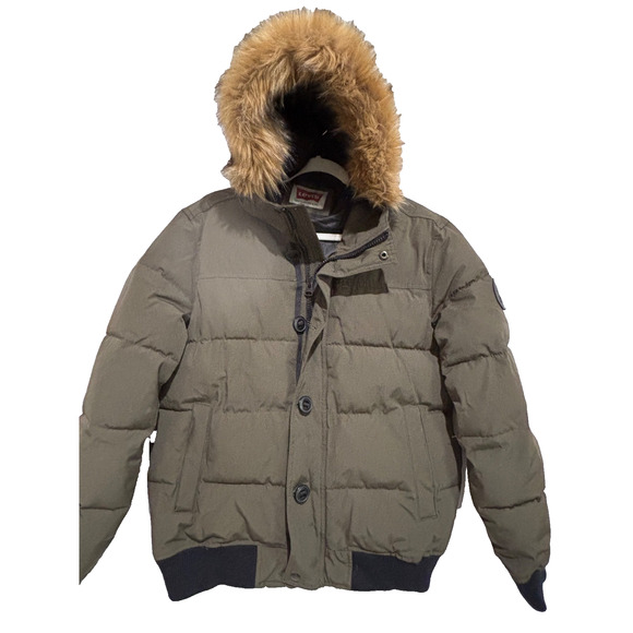 Levi's Jacket Coat Men's M hooded Puffer Parka Faux Fur (removable) Green winter - Picture 1 of 11